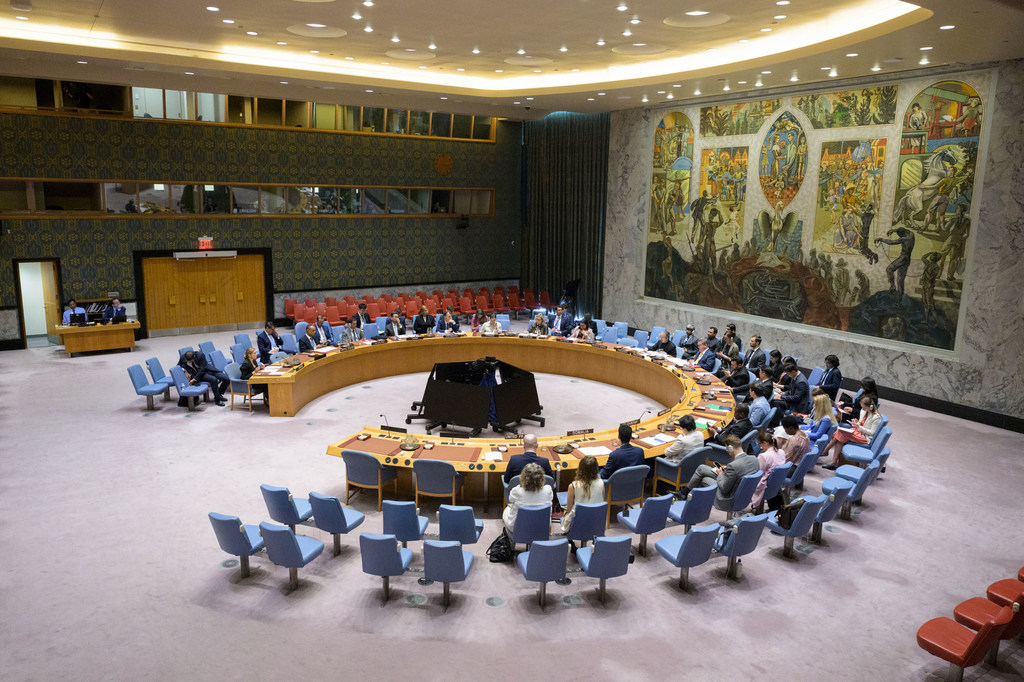 联合国安理会会议厅全景，成员国代表正就国际和平与安全面临的威胁举行会议。